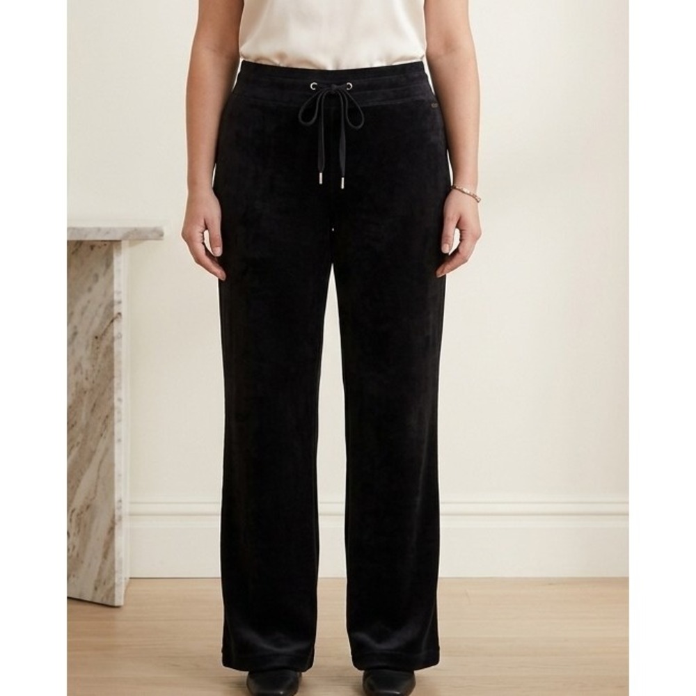 Calvin Klein Womens L Black Velvet Velour Lounge Pants Wide Leg Drawstring